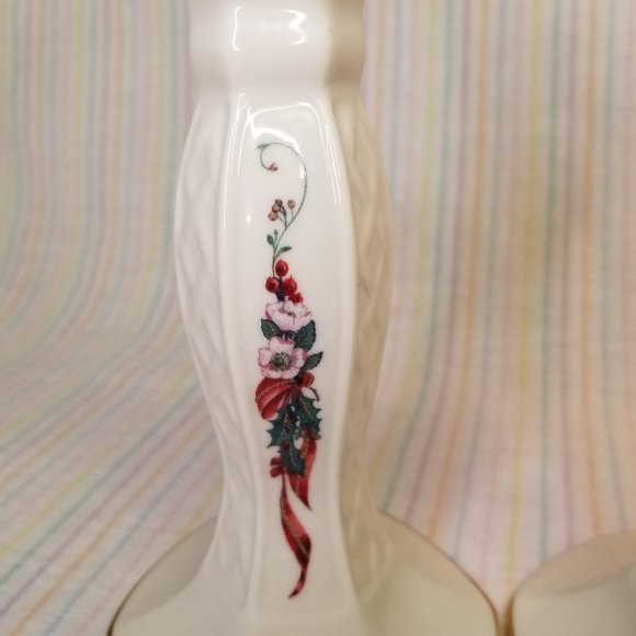 Belleek Pottery Ireland Winter Rose Candle Sticks Pair Porcelain Holly Floral - Picture 2 of 8